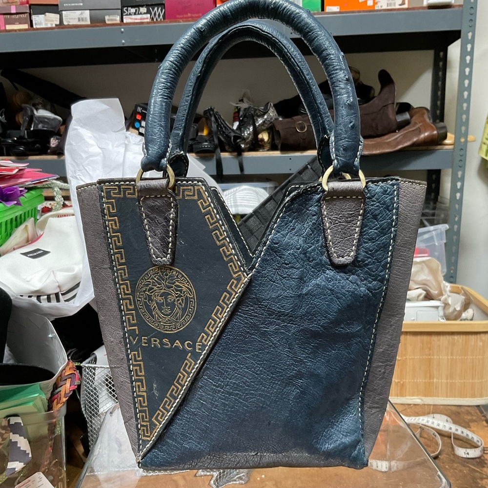 Versace Black and Gray Leather Tote
